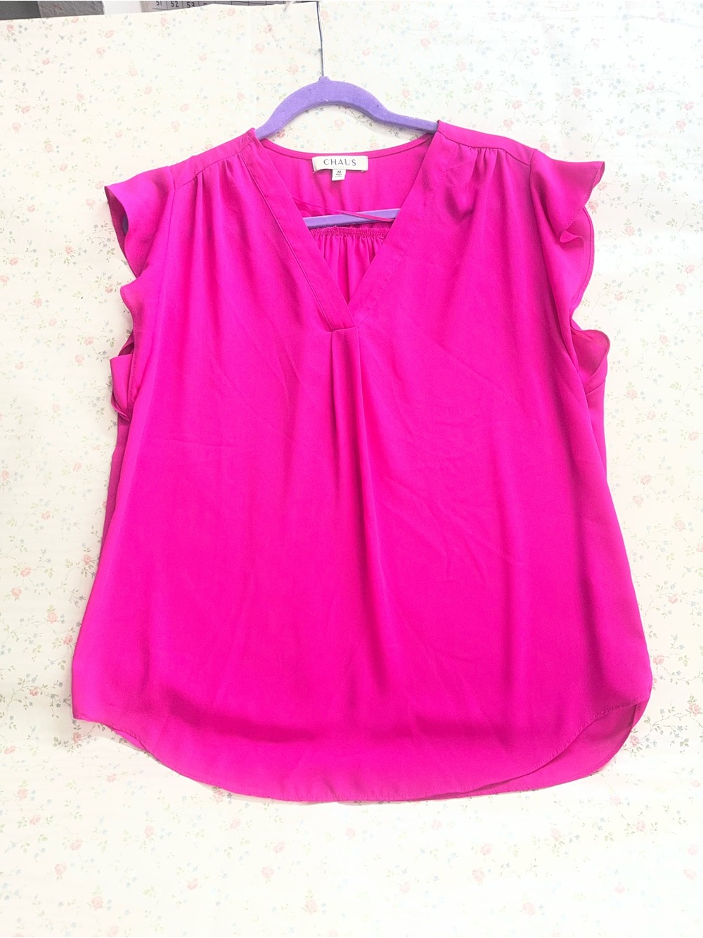 Chaus Bright Fuchsia Ruffle Sleeve V-Neck Blouse